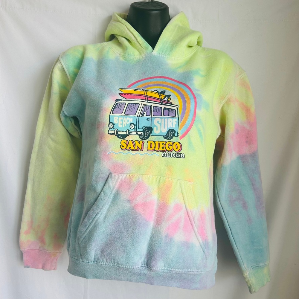 Tie-Dye Kids Hoodie with San Diego Surf Van Graphic - Pastel Multi YOUTH SIZE L
